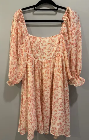 Storia Textured Patterned Puff Sleeve Square Neck Dress Cream / Blush Pink thumbnail 4