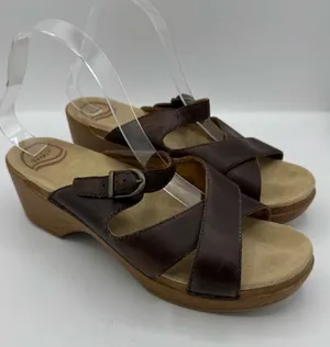 Dansko Sela Sandals Women 11 Brown Good Leather Criss-Cross Wood‎ Platform 41 thumbnail 1