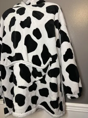 Cow Print Wearable Blanket Hoodie Womens Womens One Size Black White Sherpa Cozy thumbnail 5