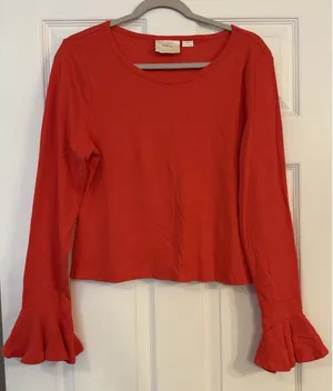 Maeve by Anthropologie Top Cropped Size Large Red Fitted Bell‎ Sleeve Party Boho thumbnail 1