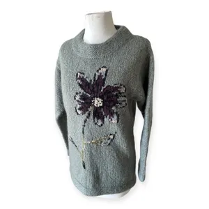 Garnet Hill Chunky Green Mohair Wool Hand Knit Sweater Floral Women's Small Cozy thumbnail 6
