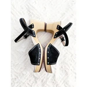 UGG Olania Black Suede Wooden Clog Platform Heeled Sandals Studded Boho Indie thumbnail 5