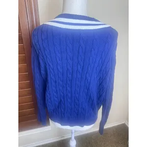 Lands End Womens Navy Blue Cable Knit Varsity Cotton Sweater Tennis Large 12-14 thumbnail 4