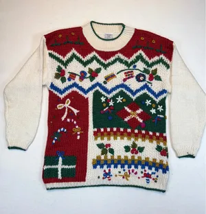 Vintage Christmas Sweater Holiday Embroidered Crewneck Knit Festive thumbnail 1