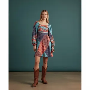 Merci Patchwork Square Neck Long Sleeve Mini Dress Blue Orange‎ M thumbnail 2