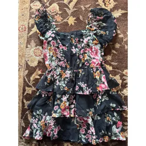 Floral Tiered Mini Dress Black Puff Sleeve Square Neck Ruffle Chiffon Summer thumbnail 4