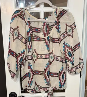 SOULMATES Sheer Aztec Tribal Southwestern Print Peasant Top Size Large thumbnail 1