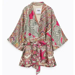Zara Multicolor Satin Silk Paisley Print Duster Wrap Kimono Caftan Top Jacket thumbnail 1