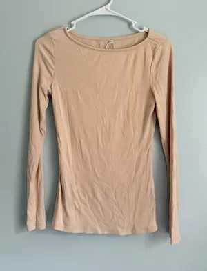 Beige Ribbed Fitted Long Sleeve Top Size S Tan thumbnail 1