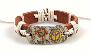 Vibrant Chic Peace Symbol Bohemian Leather Cuff Bracelet - Print thumbnail 1