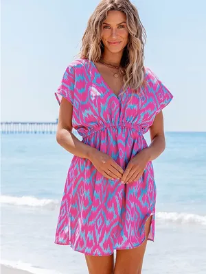 Cupshe Pink & Aqua V-Neck Elastic-Waist Beach Coverup thumbnail 3