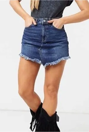 We The Free‎ Free People Bailey Fringe Denim Mini Skirt High Rise Blue 27 thumbnail 1