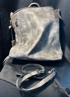 Gray Distressed Vegan Leather Convertible Backpack Shoulder‎ Bag Silver Padlock thumbnail 1