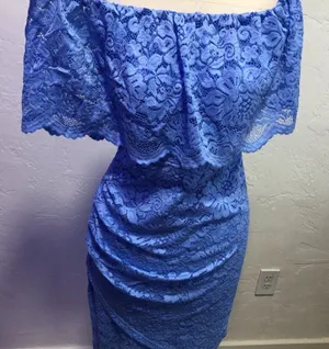 VENUS •Med• Blue • Asymmetrical•Lace•Off Shoulder Dress• Mother of the Bride thumbnail 1