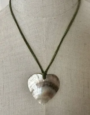 abalone heart pendant necklace on green cord thumbnail 1