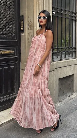 Zara maxi flowy pink summer bohemian dress with grommets thumbnail 1