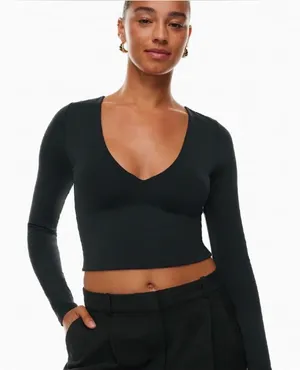Aritzia Babaton Women Top Medium Black Contour V-Neck Long Sleeve Cropped thumbnail 1