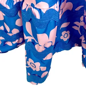 Romantic Boho Blue Pink Floral Maxi Dress M Ruffle Hem Scallop Straps Festival thumbnail 6