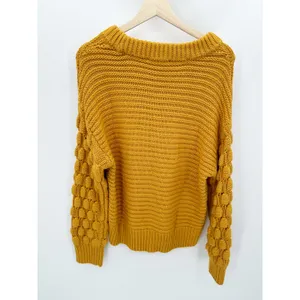 Elodie Women Large Orange Chunky Knit Bubble‎ Sleeve Pullover Sweater CSSR2072 thumbnail 2