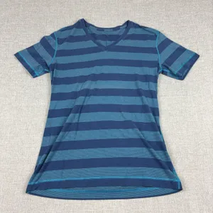 Lululemon T-Shirt Womens Medium Blue Striped V-Neck Short Sleeve Athletic Top thumbnail 1