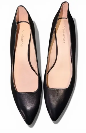 ViviamoS Black Leather Pumps Low Heel Pointed Toe Size 10 thumbnail 1