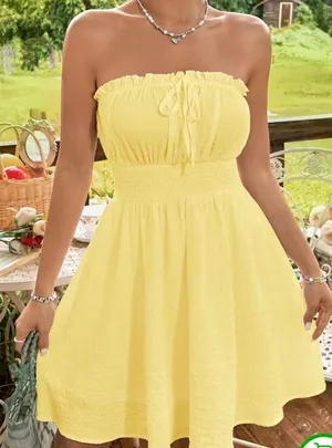 SHEIN Yellow Strapless Smocked Sundress thumbnail 1
