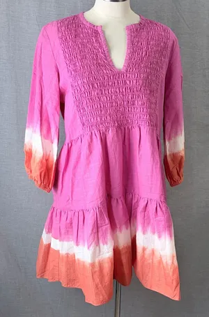 Sachin & Babi Pink Orange Dip Dye‎ Smocked Tiered Cotton Mini Dress Resort M thumbnail 1