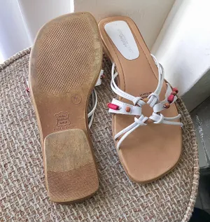 Vintage Monterey Bay Genuine leather white and pink slip on open toe boho bohemian summer sandals with wooden beads thumbnail 2