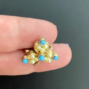 Mini Vintage MCM Shamrock Pin Irish Clover Brooch Turquoise & Seed Pearl Accents thumbnail 6
