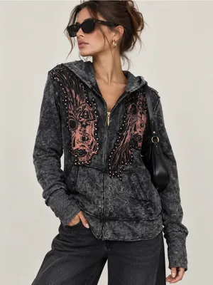 Deceiver Graphic Zip Hoodie Sweater L Black Distressed Y2K Gothic Grunge thumbnail 1