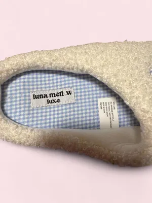 Plush Cream Sherpa Slip-On Slippers with Light Blue Gingham Bow thumbnail 6
