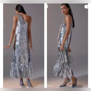 NWT MAEVE Anthropologie One Shoulder Sequin Ruffle Maxi Dress Silver XS thumbnail 4