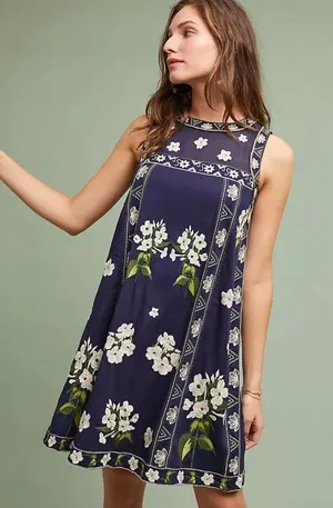 Anthropologie Maeve Rosa Cotton Blue Embroidered Swing Dress - size 0 sold out! thumbnail 1