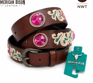 American Bison Leather Belt Medium 35 Brown Pink Rhinestone Western NWT thumbnail 1