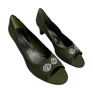 Coldwater Creek Olive Green Rhinestone Bow Peep Toe Kitten Heel Pumps 9M thumbnail 1