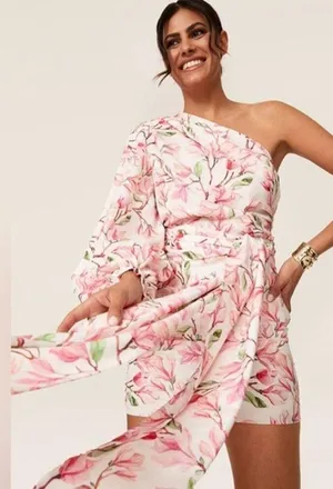 BRONX AND BANCO Layla Floral Pink White One Shoulder Silk Bow Mini Dress Size S thumbnail 5