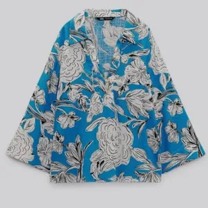 ZARA Blue White Floral Linen Blend Blouse Top NWT XL Oversized Kimono Sleeve thumbnail 5
