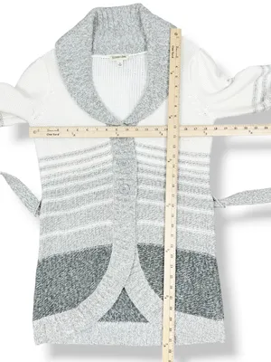 St. John's Bay Stripe Colorblock Shawl Collar Belted Cardigan Sweater Grey White thumbnail 11