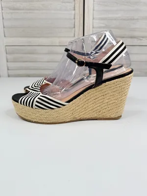NINE WEST Women's "BREEZE0L1" Striped Espadrille Wedge Sandal Black/White-9.5M thumbnail 2