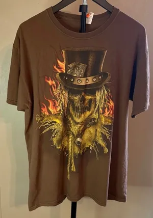 Happy Halloween Scarecrow Skull Flames Graphic T-Shirt Size Large 100% Cotton thumbnail 1