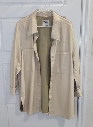 Zara Cream Faux Leather Overshirt Shacket Button Front Jacket XL thumbnail 1