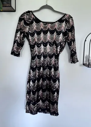 Windsor Sequin Glittery Sparkle Long Sleeve Low Back Scoop Neck Mini Dress Med thumbnail 1