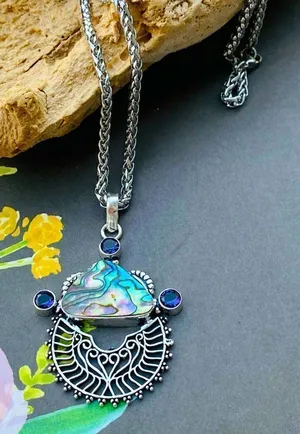 Handmade Abalone Shell & Amethyst Wheat Chain Necklace thumbnail 1