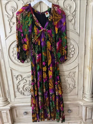 FARM Rio Star Fruit Floral Tiered Maxi Dress in Purple, Green & Yellow Sz Small thumbnail 5