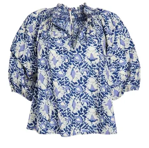 Free People Blue & Cream Floral Puff-Sleeve Blouse thumbnail 1