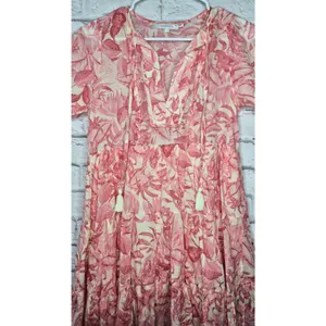 OLIVACEOUS Pink Tropical Toile Floral Tiered Mini Dress Cotton Tassel Boho Med. thumbnail 3