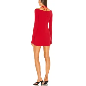 H:ours Red Ribbed Halter Cold Shoulder Long Sleeve Bodycon Mini Dress Small thumbnail 2