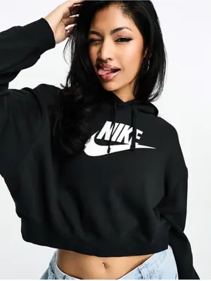 Nike Black Cropped Hoodie with White Swoosh Logo XS thumbnail 1