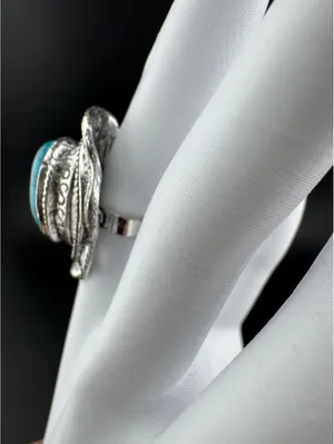 Adjustable Silver Tone Ring with Large Oval Turquoise Stone Blue thumbnail 4