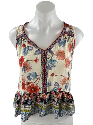 Patrons of Peace Floral Ruffled Embroidered V Neck Sleeveless Peplum Tank Top S thumbnail 1